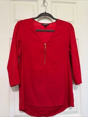 Express Red Zip-Pocket V-Neck Blouse